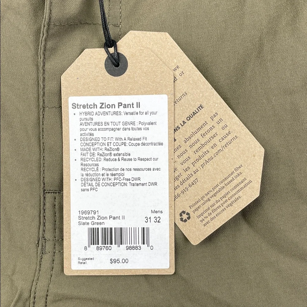 NEW Prana 31/32 Stretch Zion II Men's Slate Green Cargo Hiking Straight Leg Pant